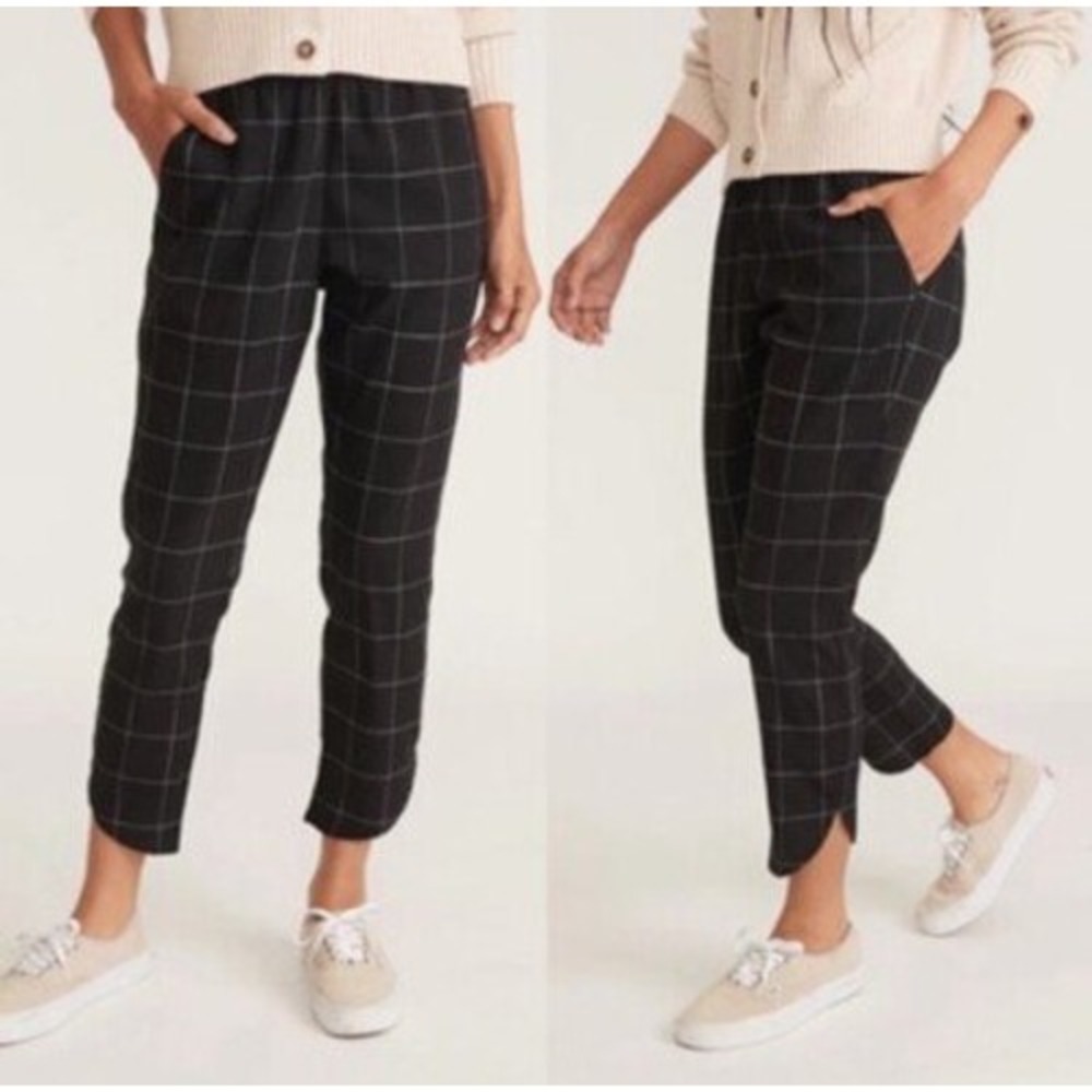 Marine Layer Pants Women XL Black Windowpane Check Tencel Tulip Hem Jogger